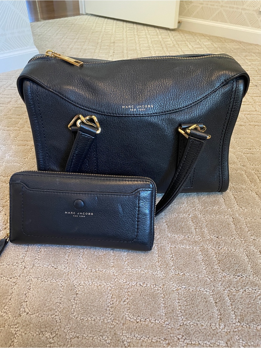 Marc Jacobs Black Pebbled Leather Shoulder Bag with Matching Wallet